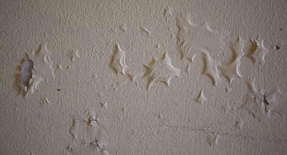 Parede com pintura danificada por infiltração mostrando bolhas e descascamento