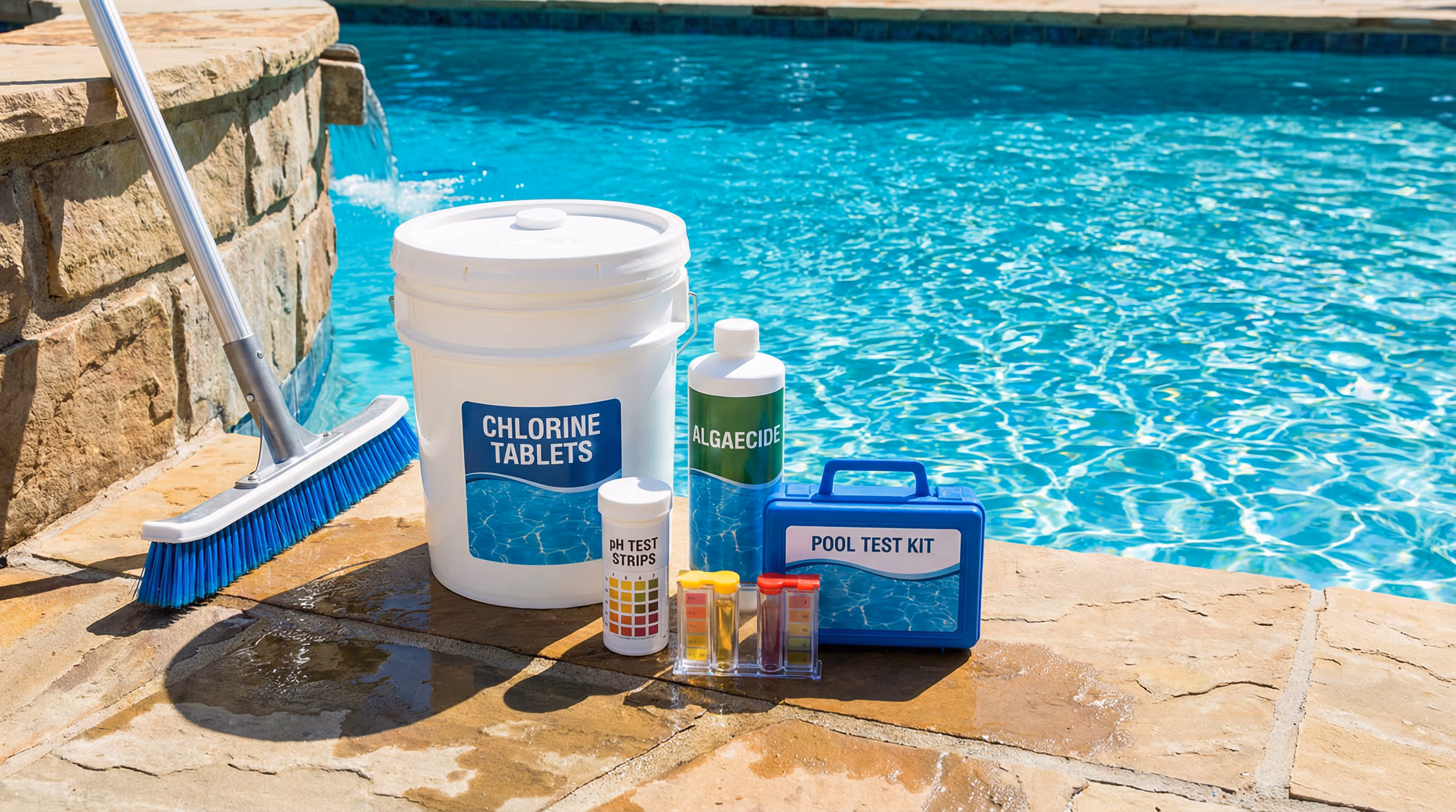 Produtos químicos para manutenção de piscinas - kit de teste, cloro e algicida