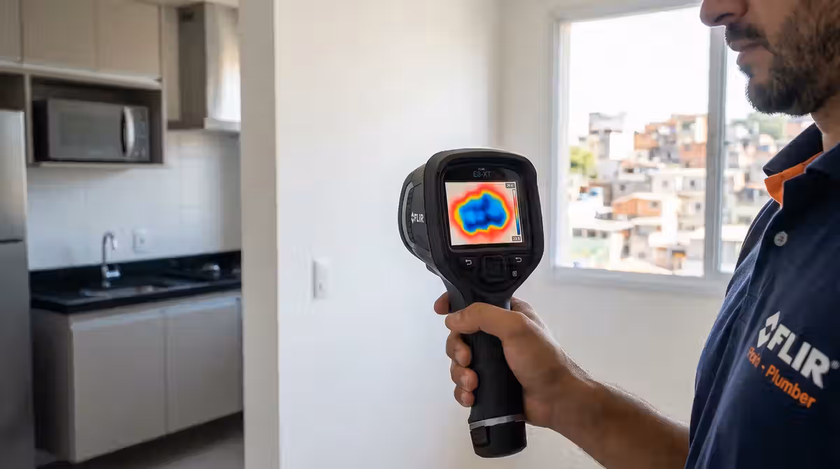 Câmera termográfica FLIR detectando vazamento em parede