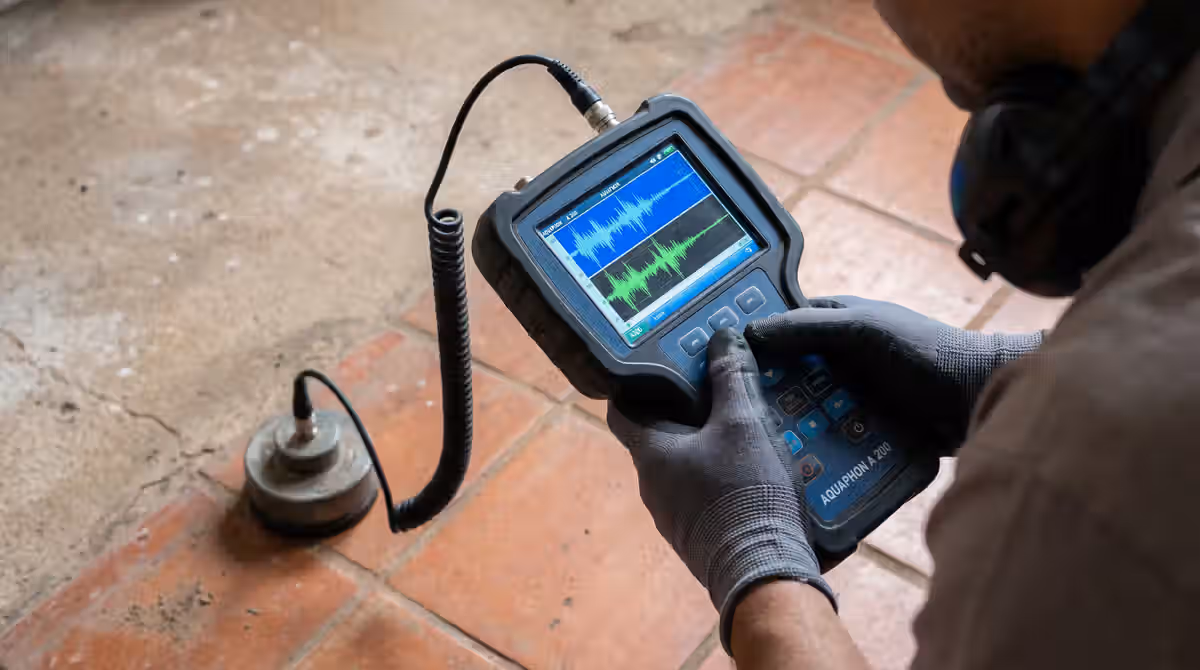 Técnico utilizando geofone para detecção de vazamento em Santa Catarina