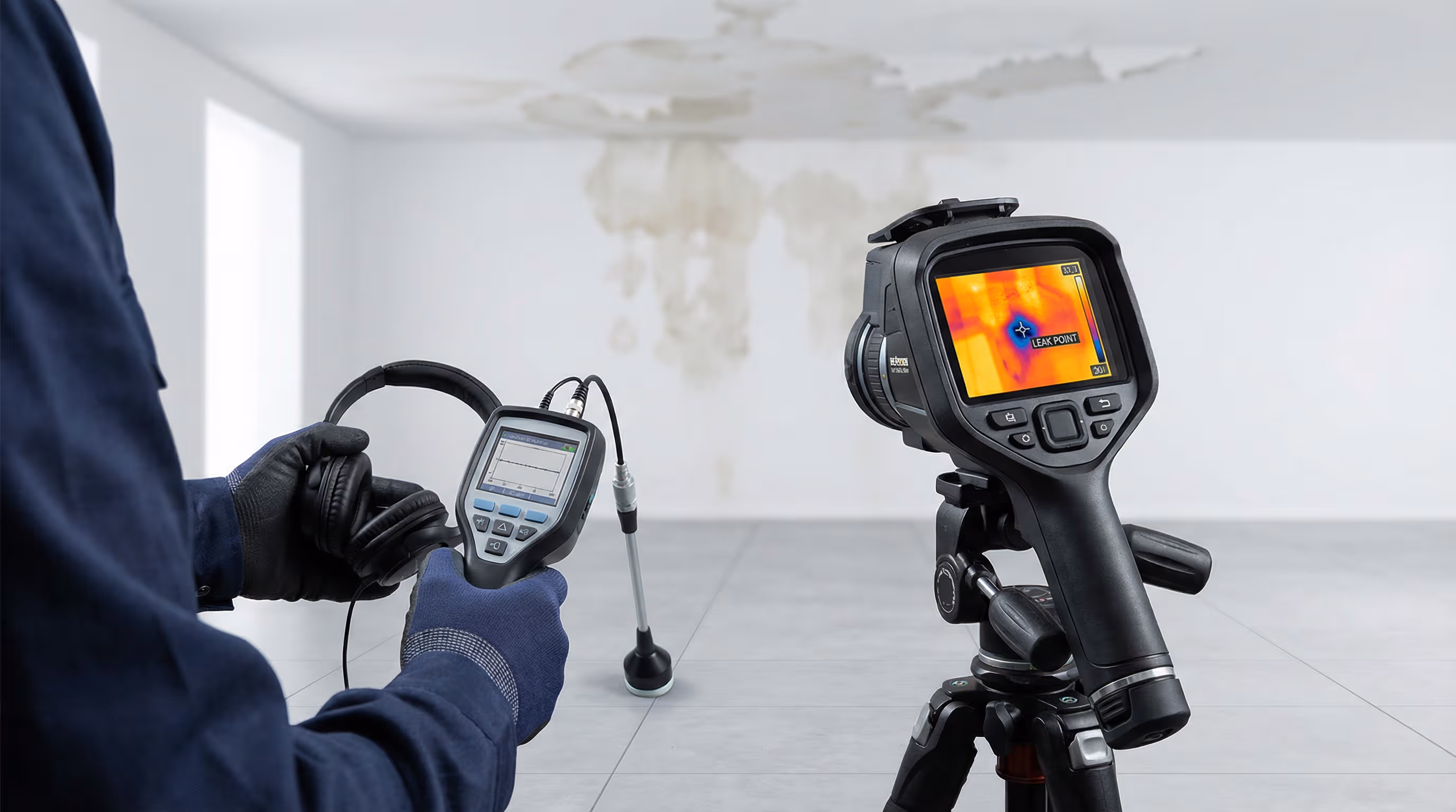 Técnico de caça vazamento utilizando geofone digital e câmera termográfica para localização precisa de vazamentos